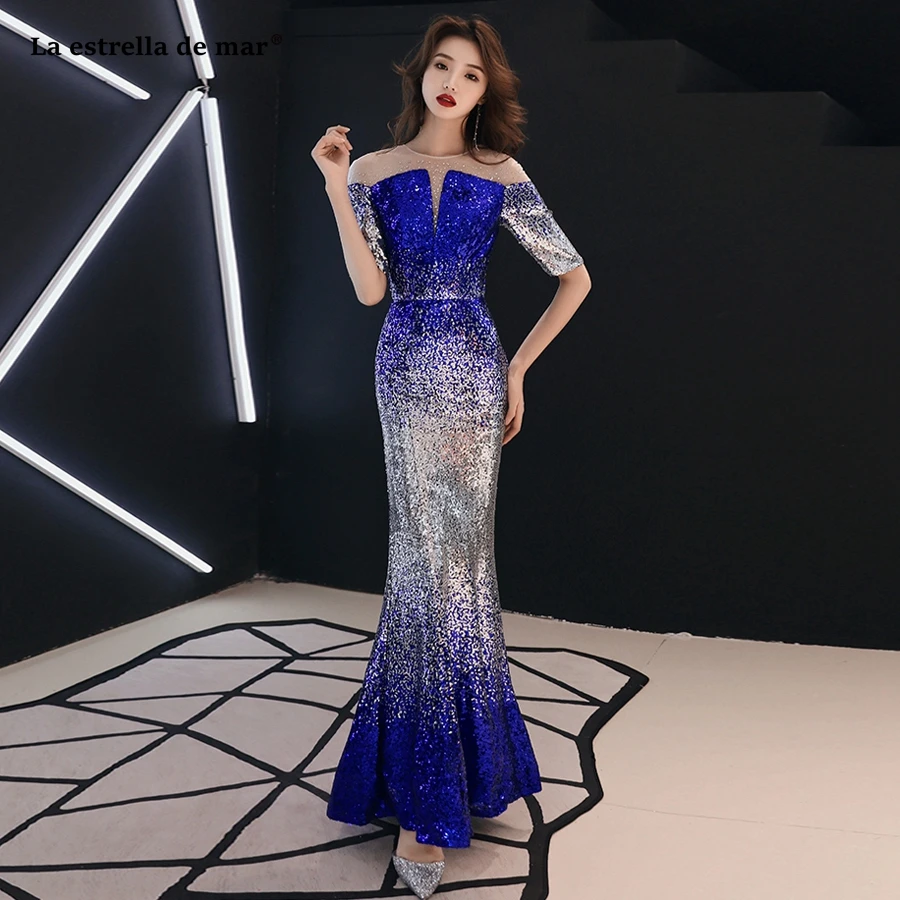 

robe demoiselle d'honneur pour femme new Scoop neck tulle sequins half sleeve sexy mermaid royal blue African bridesmaid dress