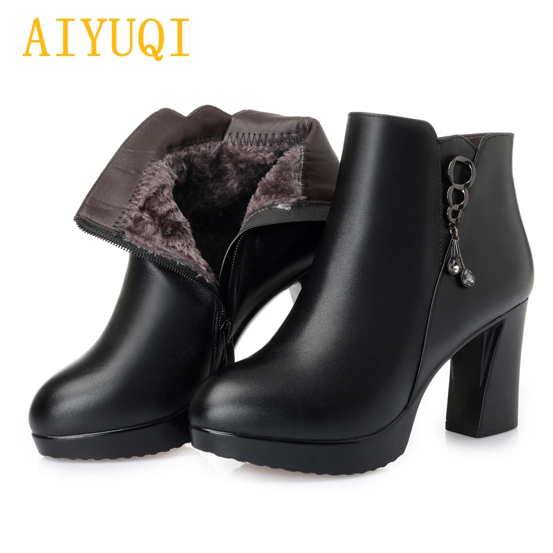 

AIYUQI Female high heel boots winter 2018 new genuine leather female Martin boots wool, thick warm trend naked boots women