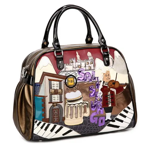 Женские сумки на плечо, кожа, пэчворк, вышивка, сумка-мессенджер, сумки, сумки Borsa SnowJenny, стиль, Италия, мультяшный скрипач, бар - Цвет: Коричневый