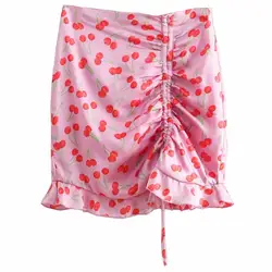 ANSFX винтажная вишневая Печать Шнурок шнуровка оборки подол юбка модная Женская высокая талия посылка бедра Ruched повседневная короткая юбка