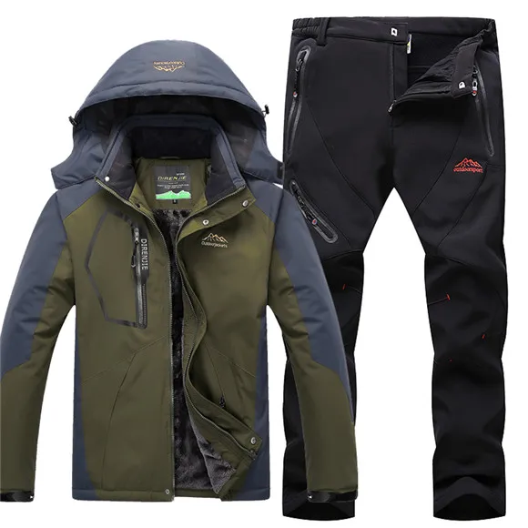 Мужские зимние водонепроницаемые теплые быстросохнущие куртки, брюки, походные куртки, мужские уличные треккинговые брюки, походная куртка, комплект, 5XL костюм - Цвет: Greenblack pants