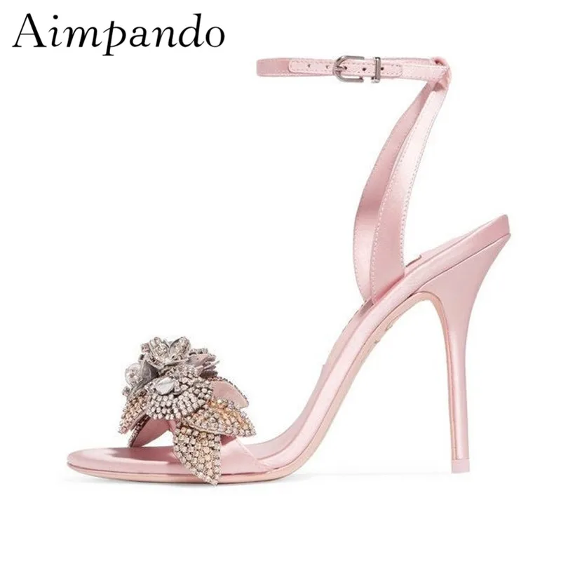 

Summer 2019 Pink Satin Ankle Strap Women Sandals Stiletto Heel One-strap Crystal Flower Gladiator Sandals Women