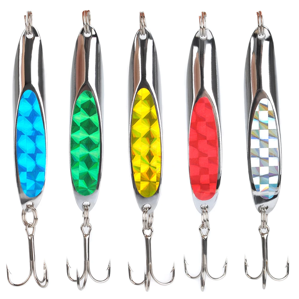 5pcs Saltwater Fishing Metal Spoon Hard CrankBait Lures Treble Hook