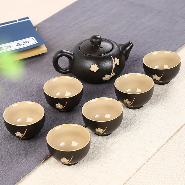 Best Price Unique 7pcs Black Pottery Tea Set Ceramic Teapot Porcelain Tea Cups of  Chinese Kungfu Tea Ceremony Tea Pot,nice gift collection