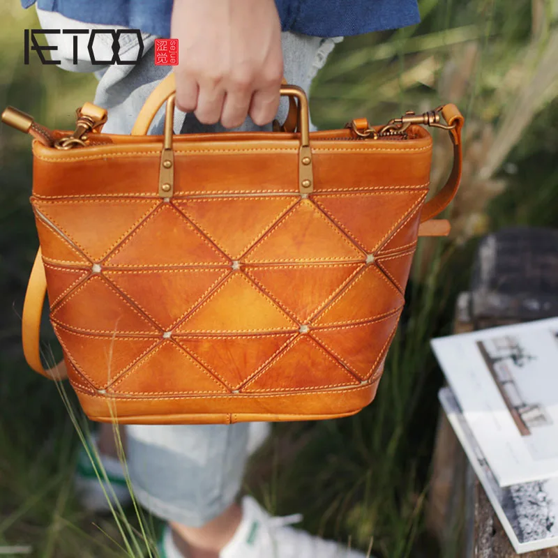 

BJYL Retro literary original handmade leather handbag geometric stitching small tote bag casual leather dumpling bag handbag