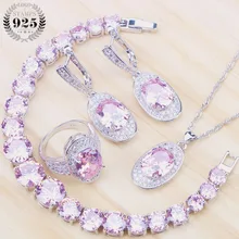 Набор свадебных ювелирных изделий для женщин, розовый кубический цирконий, серебро 925, ювелирные изделия с камнем, серьги, браслет, кольца, кулон, ожерелье, набор