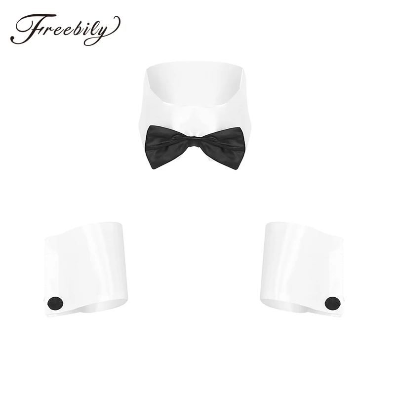 Mens Adults Sexy Costume Accessories Bow Tie Collar + Cuff Set Male Dancer Sexy Stripper Cosplay Butler Waiter Lingerie Clubwear