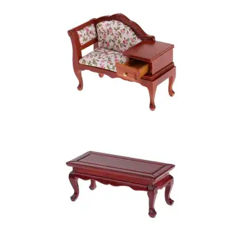 

1/12 Dollhouse Miniature Living Room Furniture Red End Table & Brown Sofa Chair Living Room Decor Accessories