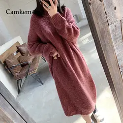 CamKemsey осень зима толстые теплые платья свитеры для женщин 2019 Высокое качество модные розовые плюшевые пушистые трикотажные длинные