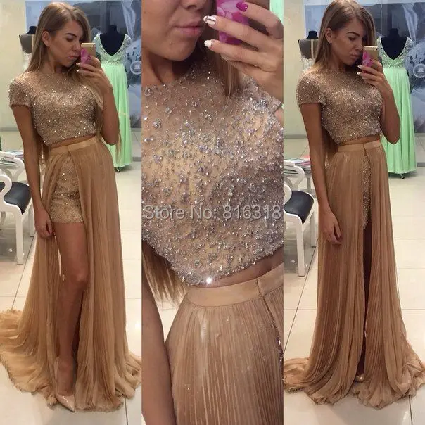 Rhinestone Beaded Champagne Prom Dresses With Short Sleeves Split