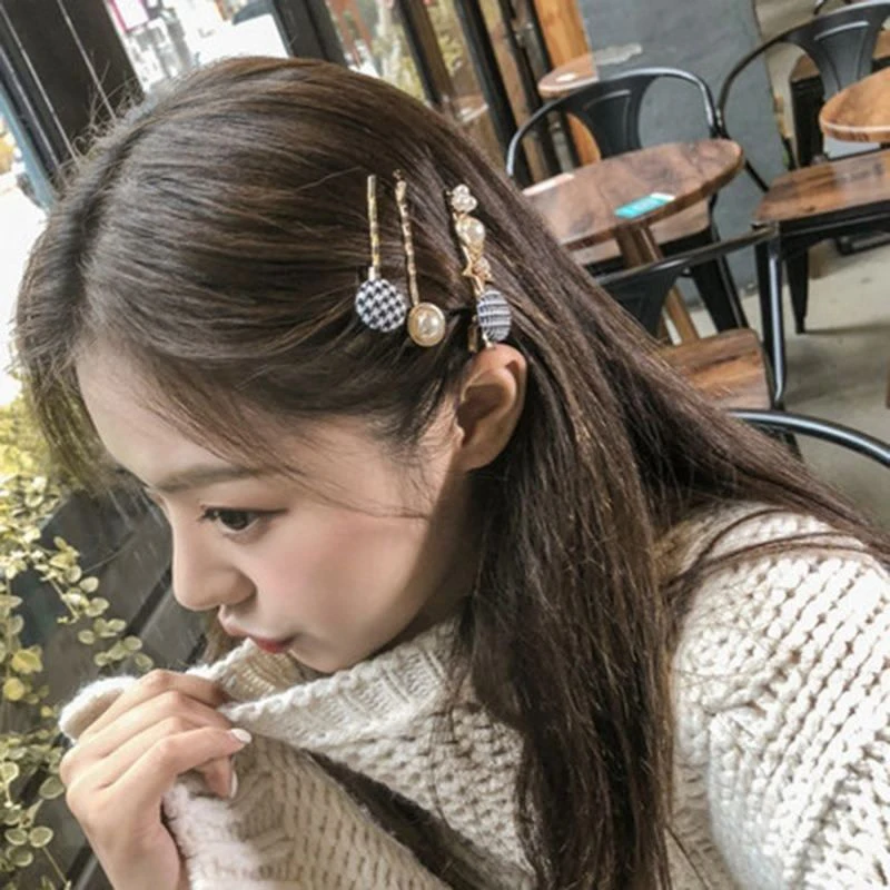 Винтажные корейские заколки для волос с жемчужинами и пуговицами, набор для женщин и девушек, модная металлическая лента для волос с кристаллами, аксессуары для волос, подарки