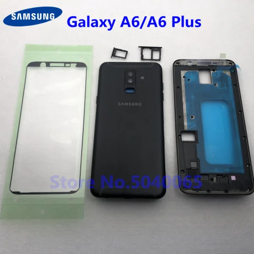 Задняя крышка батареи с кнопкой для samsung Galaxy A6 Plus A605 A600 A600F A605 A605 задняя дверь полный корпус A6 наклейка - Цвет: Черный