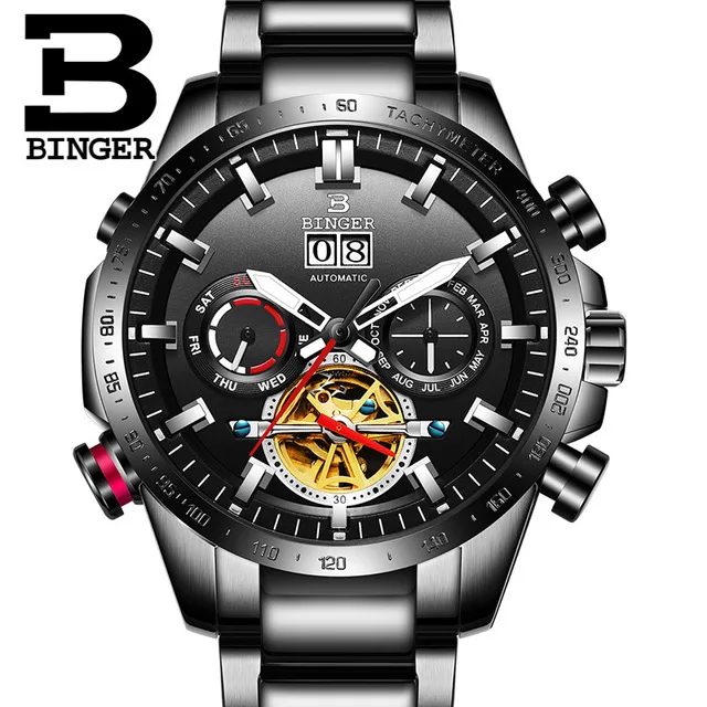 Швейцарские механические мужские часы Бингер, спортивные военные часы, мужские водонепроницаемые автоматические часы из нержавеющей стали - Цвет: Черный