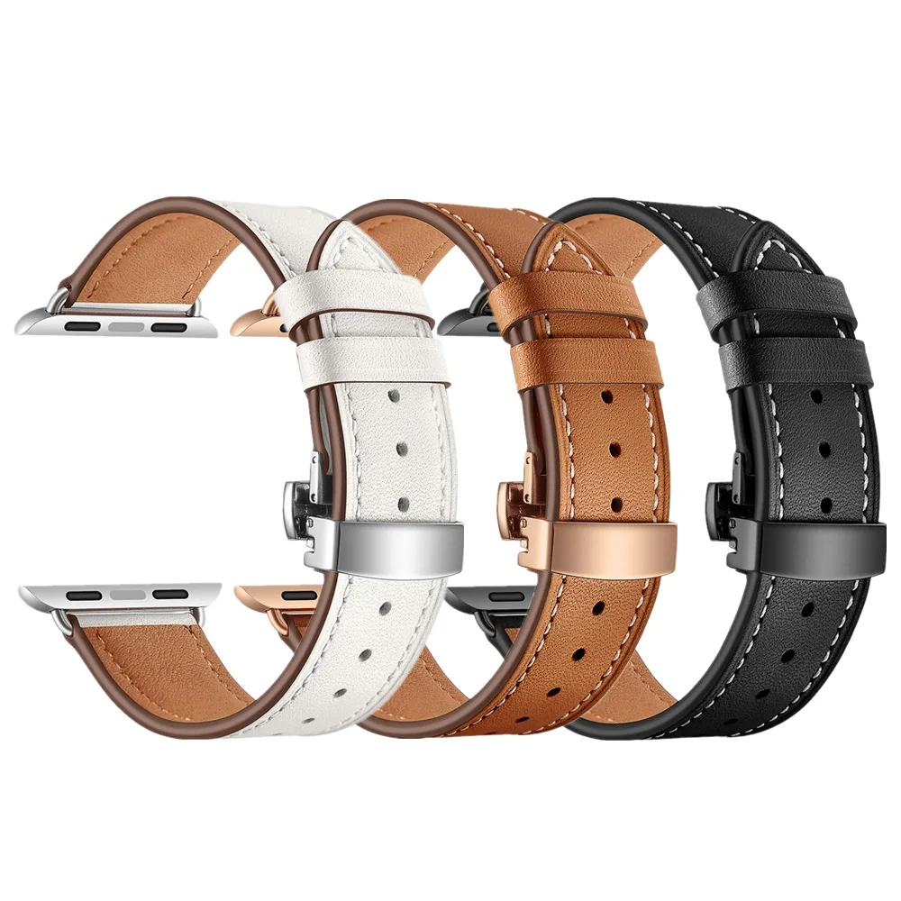 

Genuine Leather Strap for Apple Watch Band 40/44/38/42mm Men/Women Wristband Bracelet for iWatch 4 3 2 1 Stainless Steel Buckle