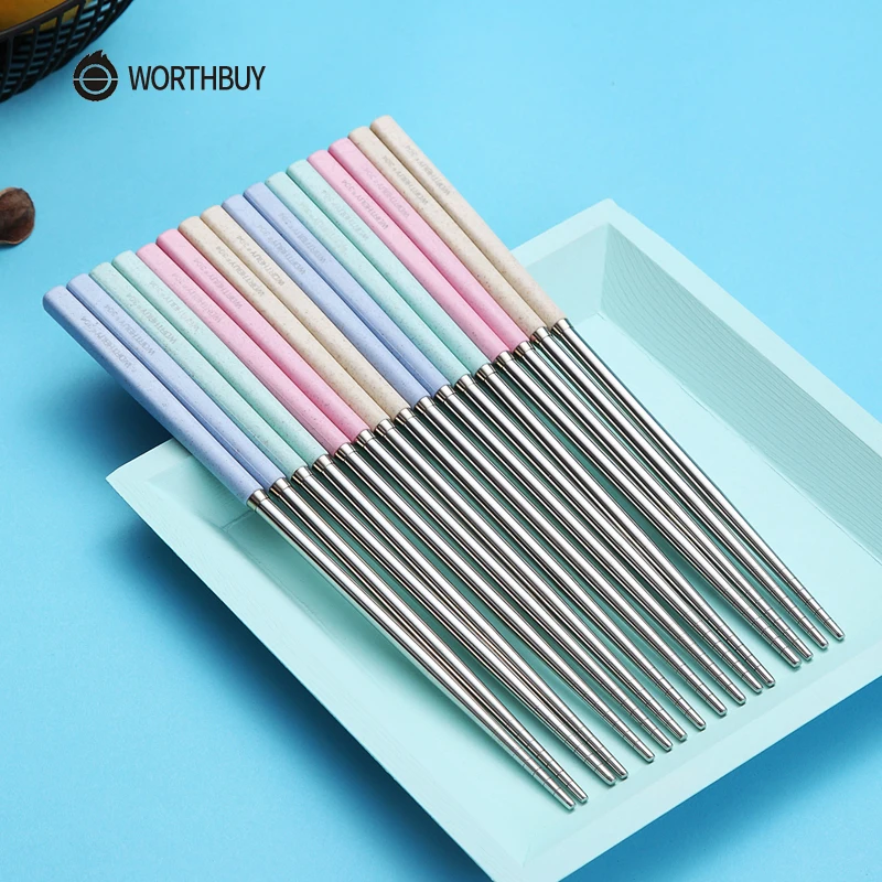 WORTHBUY 4/8 пар 304 китайская палочка для еды из нержавеющей стали с ручкой пшеничной