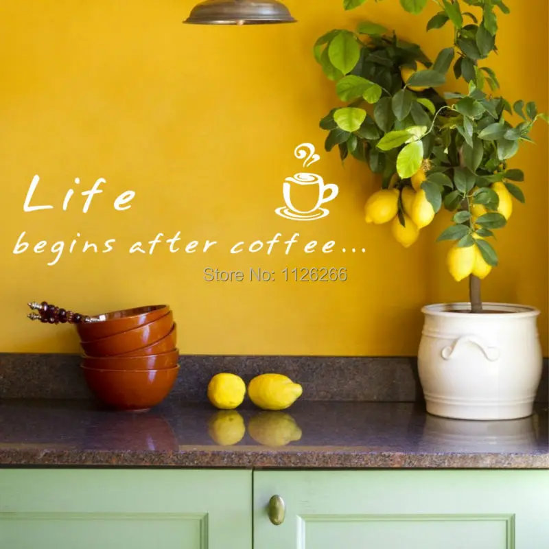 Жизнь начинается после Кофе Цитата Декор стены Стикеры Виниловая наклейка для Гостиная или кухня