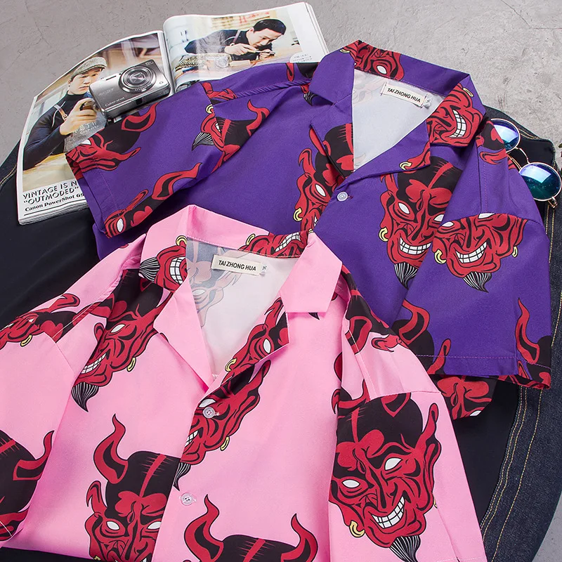 Hip hop Streetwear Shirts Men Devil Full Printing Short Sleeve Summer Floral Loose Shirts Camisa