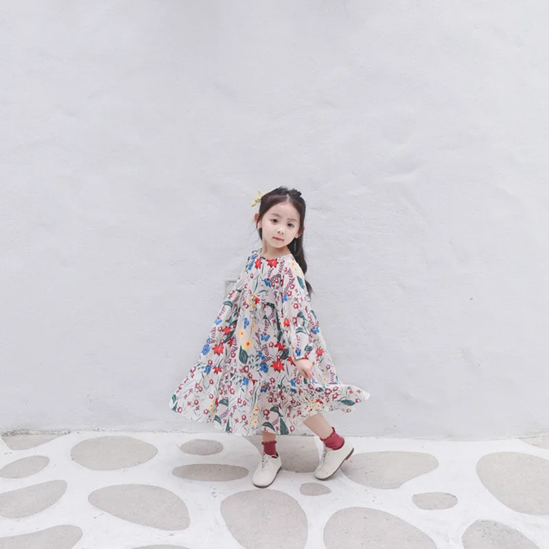 

2-color Fairy Dress Baby Girls Chiffon Floral Printed Ankle Length Loose Dress Long Sleeve Dress