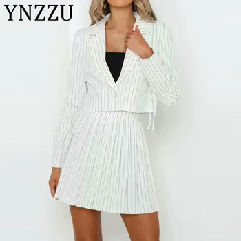 

YNZZU Elegant Striped Blazer Women Lace Up Office Ladies Short Blazer Jackets 2019 Autumn Female Suit Coat Women's Set A1068