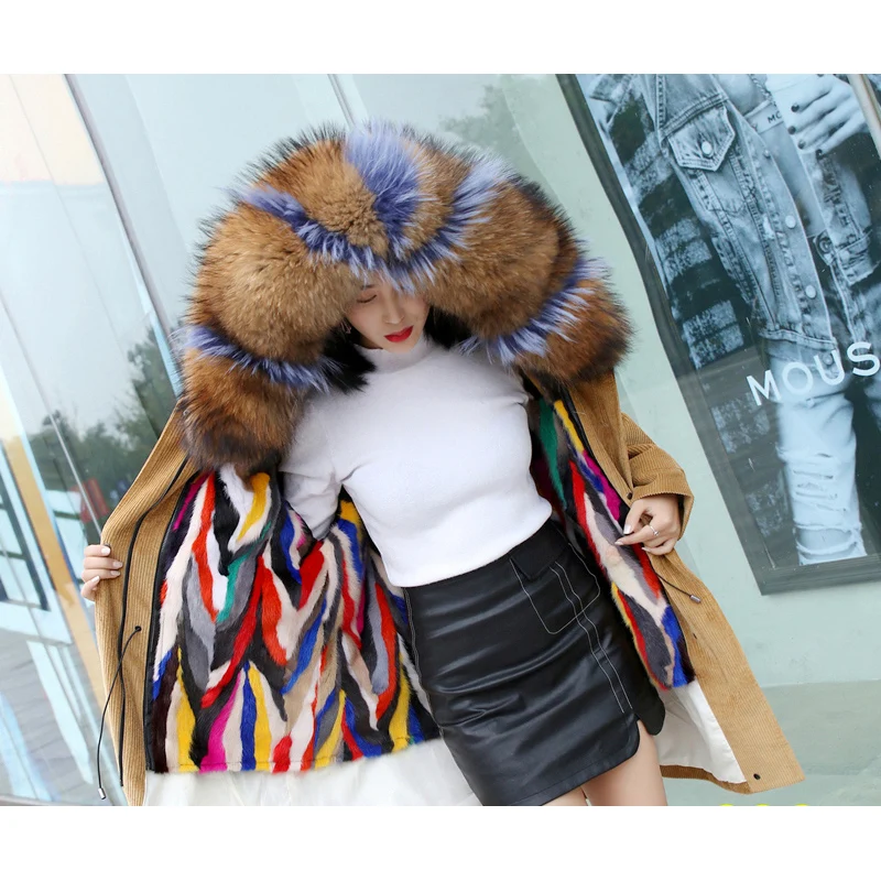 

Rainbow real mink fur liner warm winter parkas women large natural raccoon dog fur collar hooded corduroy coats 2019 autumn