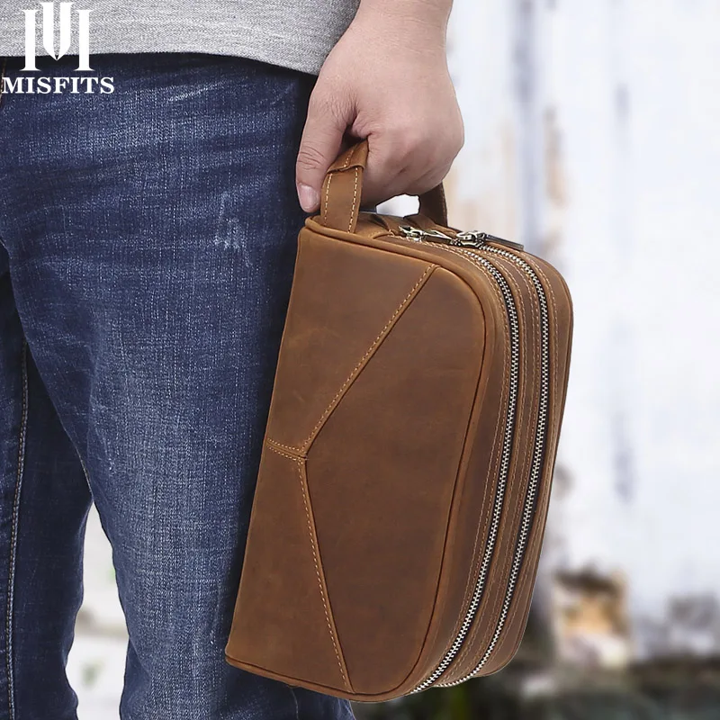 

new crazy horse leather men's cosmetic case vintage genuine leather makeup bag travel hand-held wash bag toiletry bag organizer