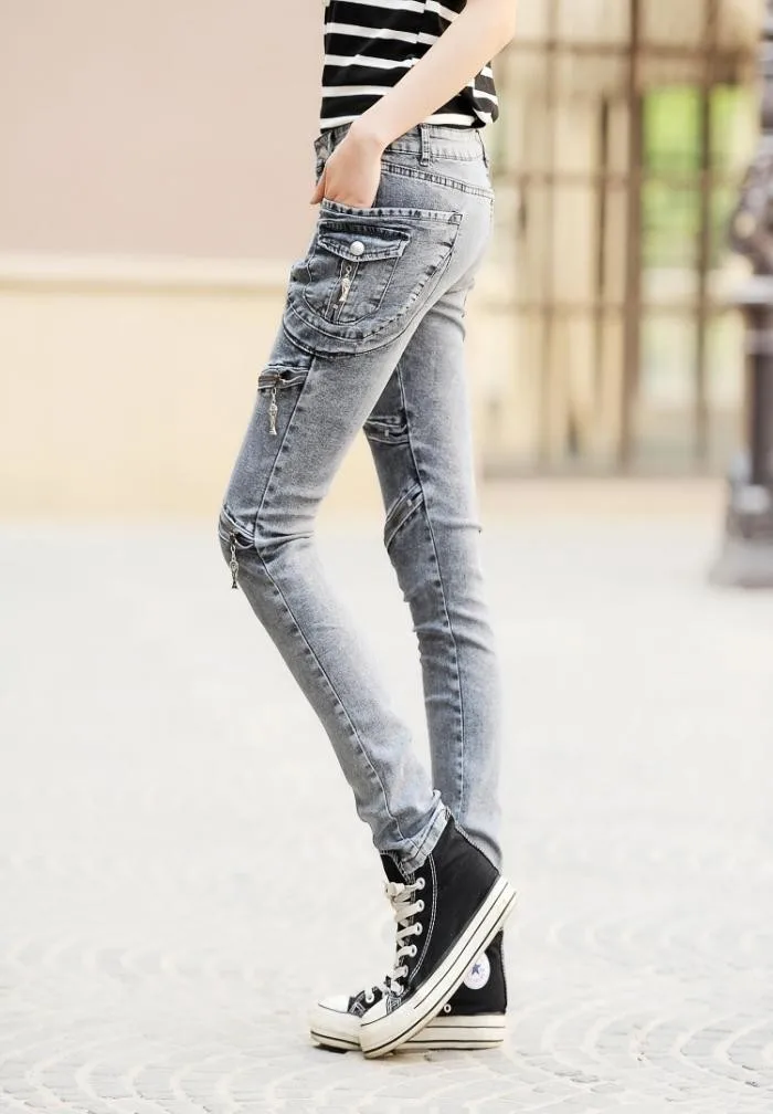 Женские узкие джинсы в стиле панк на молнии, черные, серые, красные узкие джинсовые штаны, Женские винтажные сексуальные джинсы в стиле хип-хоп