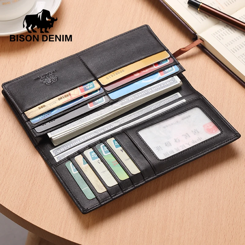 Роскошные Брендовые мужские кошельки BISON DENIM длинный тонкий бумажник двойного