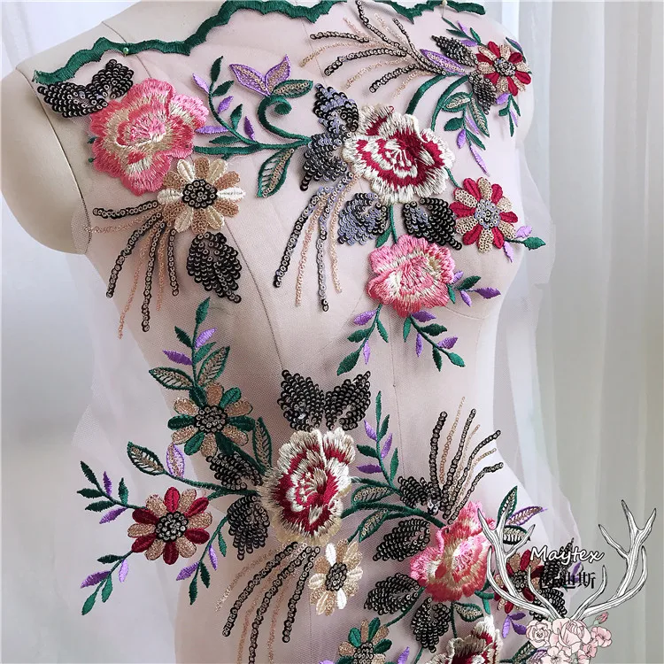 

1 Piece Chinese embroidery lady dress making lace flowers Green, Wine, Grey, Pink 4 colors in stock 3d appliqued lace patches