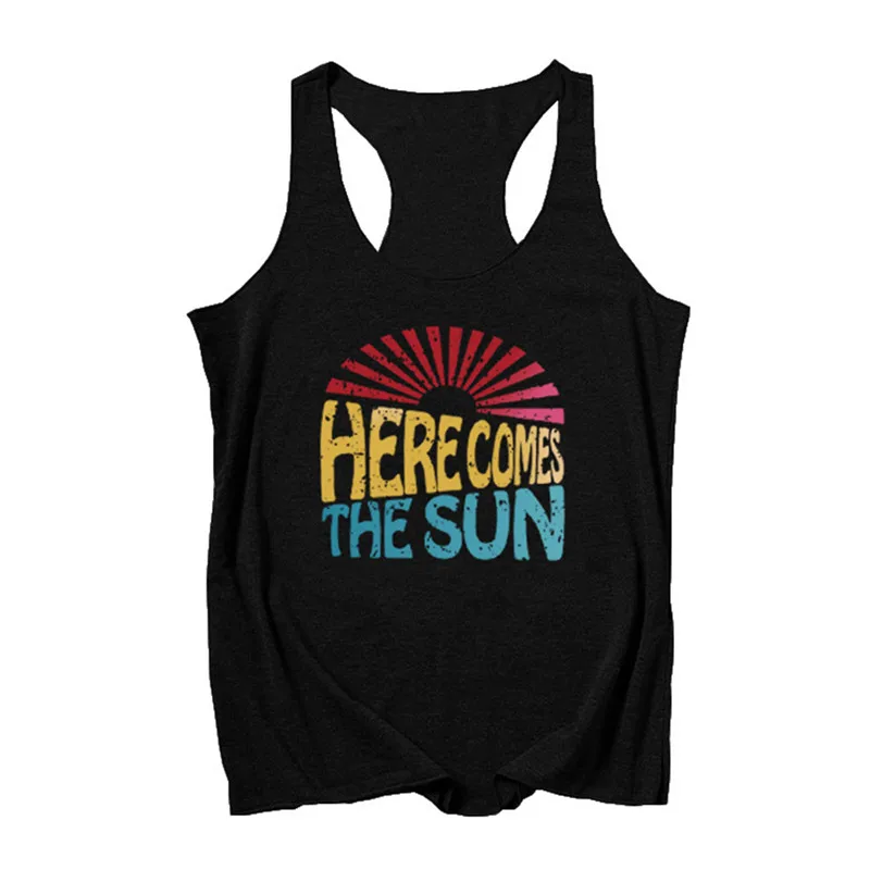 HERE COMES THE SUN Letter Print Women Tank Top Cute Sunlight Graphic Tops Round Neck Sleeveless Summer Vogue Female Tank T Shirt