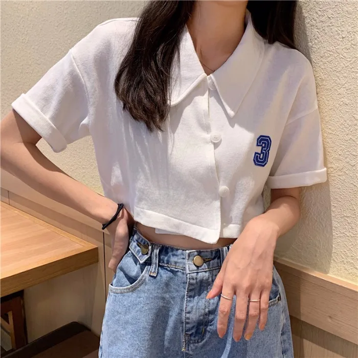 

new summer Harajuku Korean preppy style fashion Women's Clothing crop tops female turn-down collar button print short T-Shirts