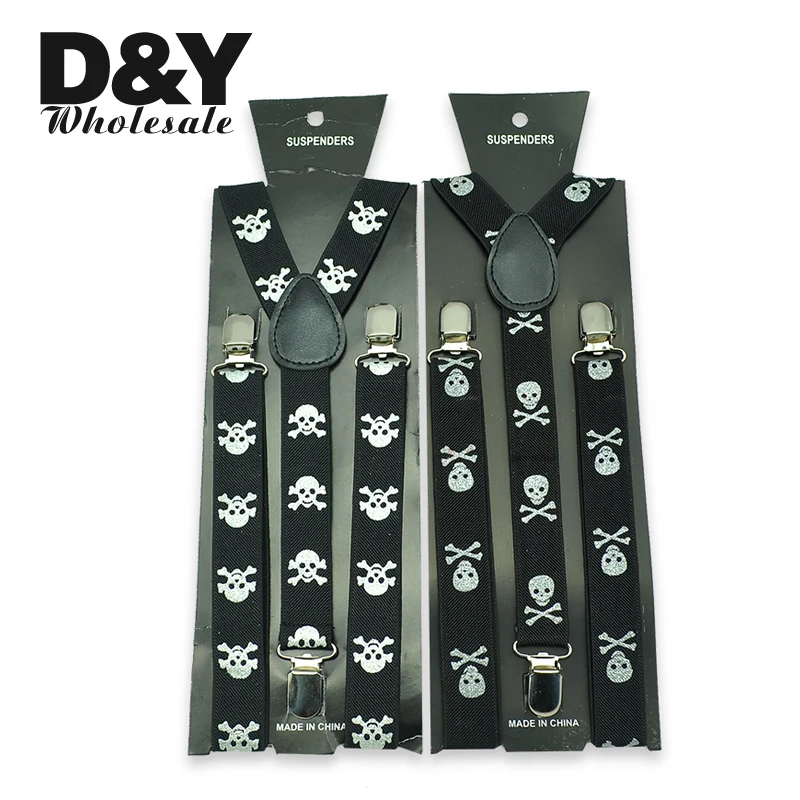 

Women Men`s Unisex Clip-on Braces Elastic Slim Suspender 1inch wide "2 Shiny Skull" Design Mix Polyester Y- Back Suspenders