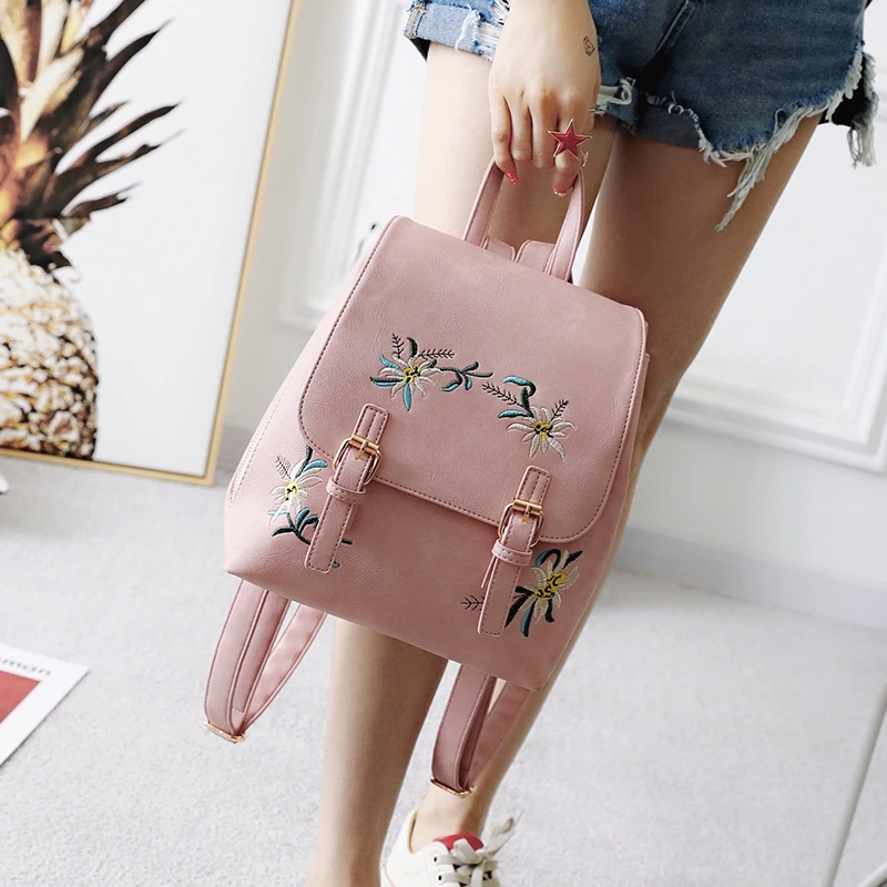 

2017 Fashion New Women Backpack High quality PU leather Women bag School Bag Sweet Embroidery Flowers Shoulder bag Travel bag