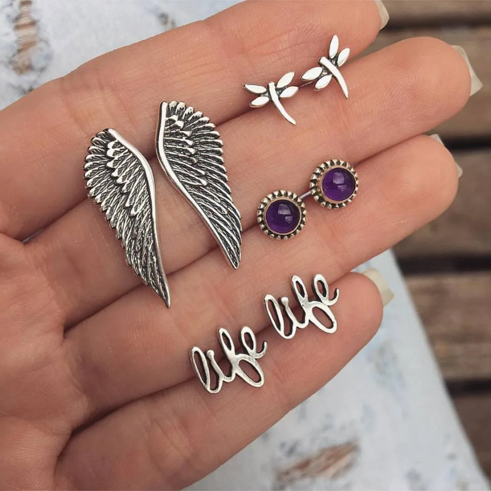 

New Fashion accessories simple alloy silver crystal Dragonfly wings letter like 4 pairs Earrings set for women jewelry ear studs