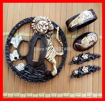 

A Set Boutique Japanese Samurai Katana Sword Copper Fittings Tsuba Fuchi Kashira Menuki Ornaments Accessories W/Tiger Design
