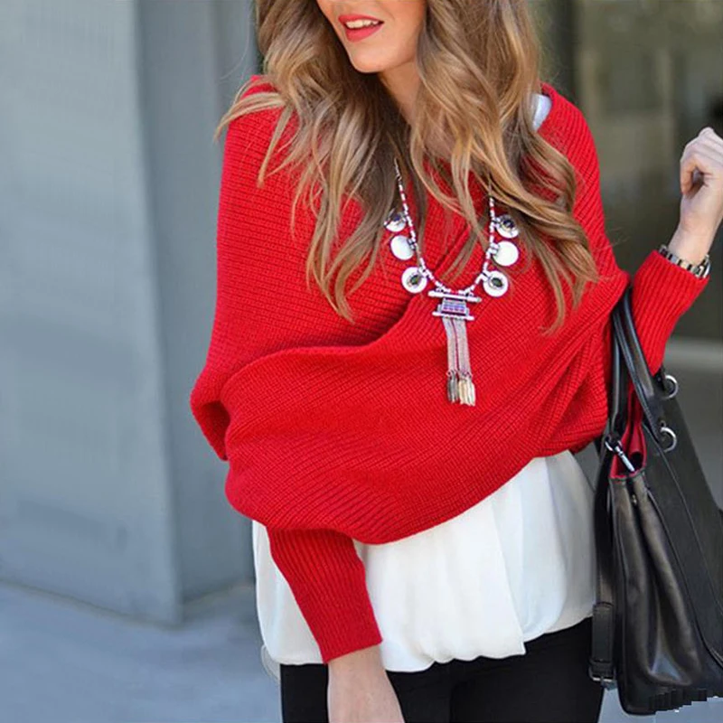 

Sweater Women Autumn Pullover Jumper Sexy Deep V-neck Bating Sleeves Front Cross Irregular Shawl Sweater Oversized