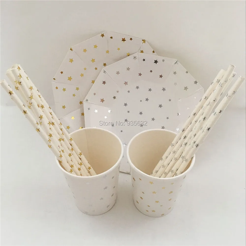 

New Hot Sell Metallic Foil Gold Silver Tableware Set Paper Plates Paper Cups Paper Straws for Party Weddding Birthday