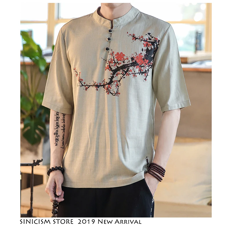 Sinicism Store Мужская футболка Харадзюку 2019 летняя льняная с пуговицами черная