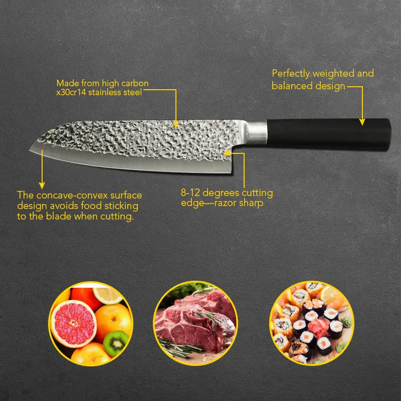 Кухонный нож шеф-повара Santoku нож для мяса фрукты овощи ножи 7 дюймов X50CrMoV15 японский резак из нержавеющей стали с резиновой ручкой