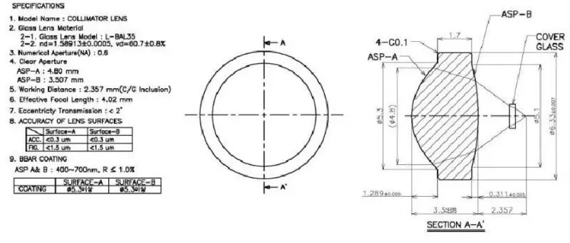 Lente de Vidro Revestida da Colimação do Colimador do Laser da Lente do Diâmetro 4.02mm da Lente g2 para o Módulo do Diodo do Laser do Rgb Focal = 6.33mm fl 3 = 6.33mm fl = 4.02mm da lente