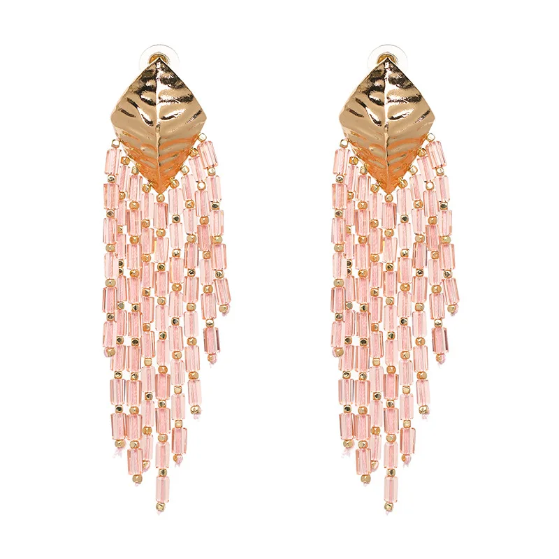 Найти меня Новая Мода Смола бусины Висячие серьги для женщин ювелирные изделия Многослойные ткачество длинные кисточки висячие серьги оптом - Окраска металла: pink