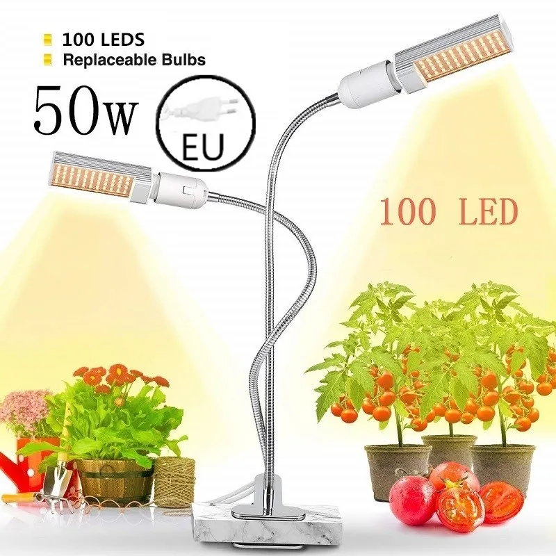 50W with EU Plug Светодиодный светильник для выращивания растений, солнечный свет, полный спектр, 45 Вт, 50 Вт, 60 Вт, E27, с двойной головкой, гибкая лампа для теплицы, цветок, Фито, лампа EU/US - Испускаемый цвет: 50W with EU Plug