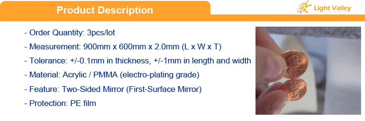 900 мм x 600 мм x 2,0 мм акриловое волокно(PMMA) Во-первых, для любых поверхностей/лицевой поверхности/2 одностороннее зеркало-3 шт./лот