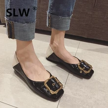 Г. туфли-лодочки на плоской подошве со шнуровкой с квадратным носком весенняя обувь из лакированной кожи с ремешком и пряжкой, Новая повседневная обувь из PU искусственной кожи без шнуровки лакированная кожа