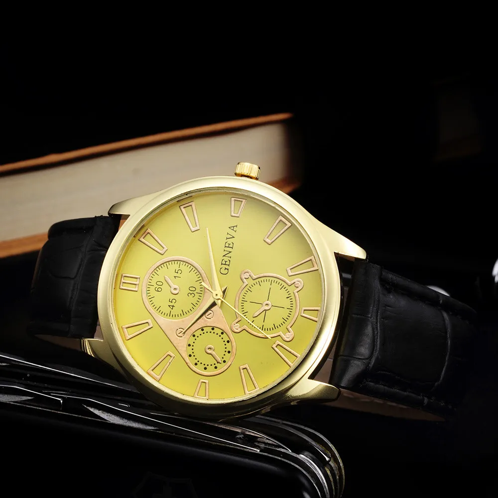 

Retro Design 3 Eyes Luxury Watch Men Good High Quality Leather Band Gold Dial Quartz Wristwatch Mens Relogio Masculino
