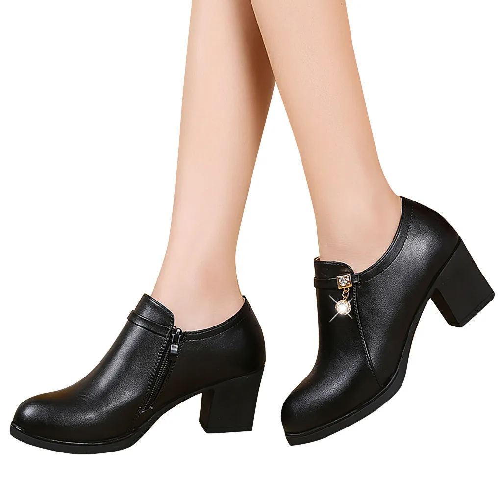 

Leather Women Boots Autumn Heeled Short Ankle Boots Vintage Comfort Booties Big Size Slip On Shoes Woman zapatillas mujer