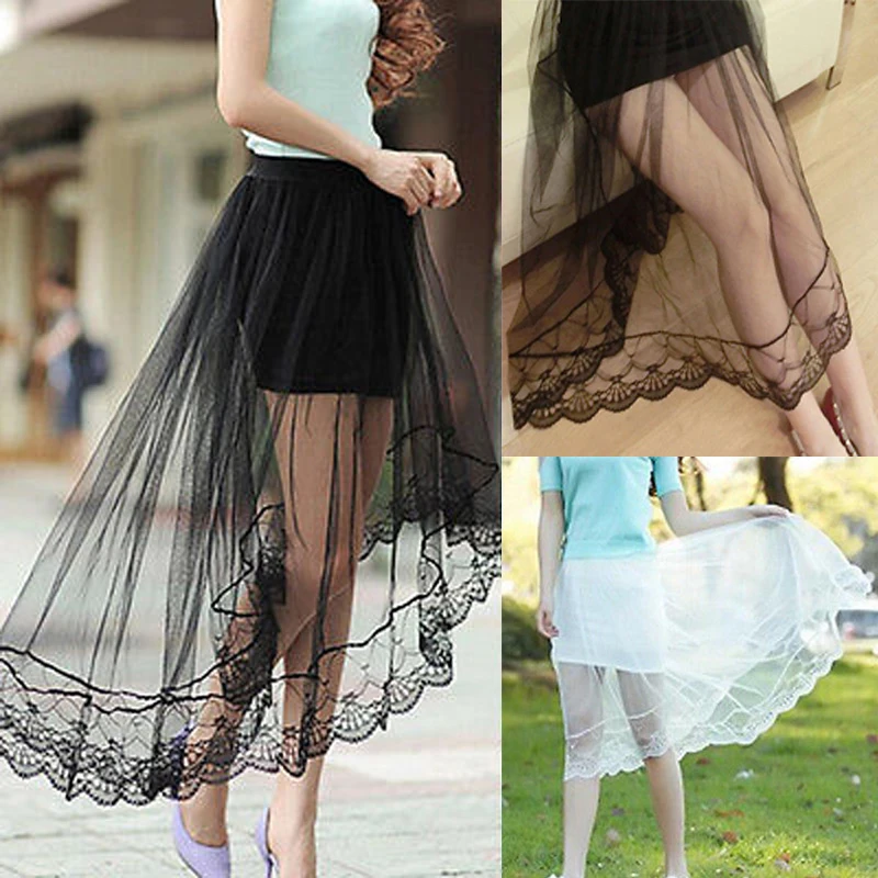 Women Lace Half Slips Skirt Knee Length A Line Underskirt Extender Black /White - Prudent Clothing