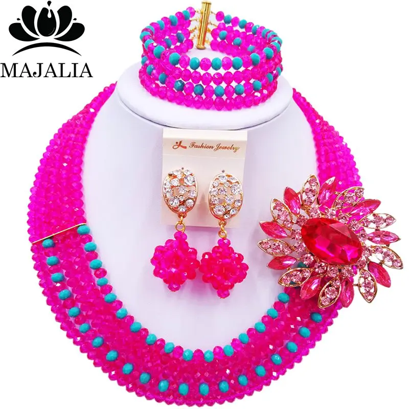 

Majalia Hot pink and Aqua blue Crystal Beaded Pretty African Jewelery Set Nigerian Wedding Clothing Jewelery Sets 5ST0018