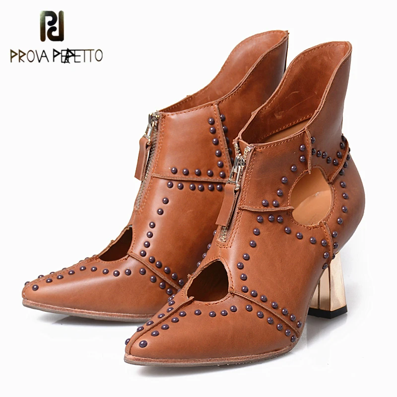 

Prova Perfetto 2018 Fashion Brand Autumn Winter Pointed-toe shoes Hollow out Thick Heel High Heel Rivet Ankle Boot for Woman