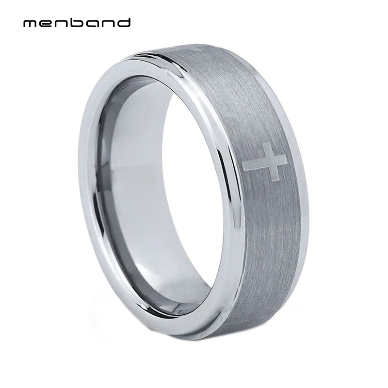 Обручальное кольцо с крестиком из вольфрама и серебра для мужчин, 8 мм, с гравировкой на кресте