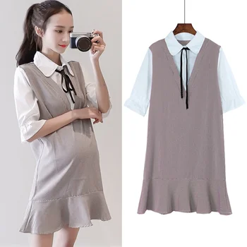

Summer fake two maternity clothes 2019 new fashion models large size short-sleeved loose shirt dress plaid pregnancy skirt